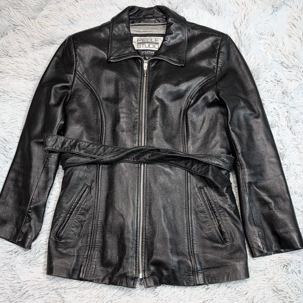Pelle Studio Wilsons Jacket Womens M Black Leather Coat Thinsulate Belted